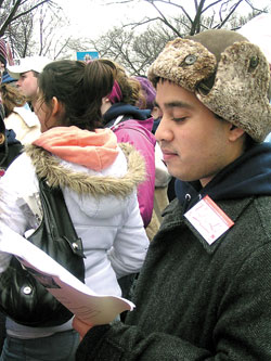 Aaron Thomas, a third-year seminarian at Bishop Bruté College Seminary at Marian College in Indianapolis, participates in the annual March for Life in Washington, D.C., on Jan. 22. As part of his supervised ministry, Thomas served as a co-bus captain on the archdiocesan pilgrimage. (Photo by Katie Berger) 