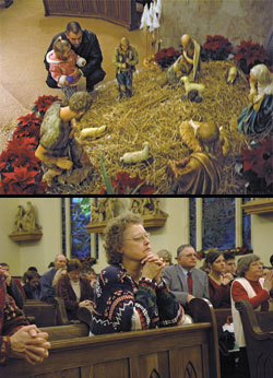 Top, after the Mass is over, St. Vincent de Paul parishioner Dustin Roell talks with his daughter, Jillian, about the Nativity scene at his parish’s church.	Below,	St. Vincent de Paul parishioner Carol Shaw kneels in prayer during the Christmas Eve Mass.