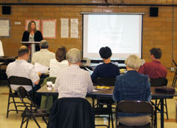 Christ the King parishioner Sheila Kaufman of Indianapolis begins the first of a series of presentations and discussions during the “God’s Plan for a Joy-filled Marriage” program on May 17 at St. Anthony Parish in Indianapolis. With her husband, Chris, she presented “In the Beginning: Male and Female He Created Them.” (Submitted photo)