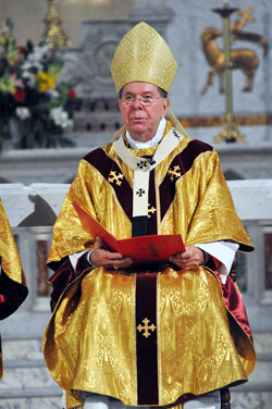 Archbishop Daniel M. Buechlein delivers the homily during Bishop Christopher J. Coyne’s ordination Mass on March 2 at St. John the Evangelist Church in Indianapolis. (Photo by Mary Ann Wyand)