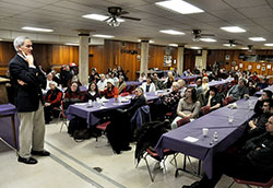 Kenneth Howell speaks on Feb. 27 at Our Lady of the Most Holy Rosary Parish in Indianapolis on how Pope Benedict XVI sought to address a “crisis of reason” in Western culture. Howell, resident theologian and director of pastor care for The Coming Home Network International, previously taught courses on Catholicism in the religion department at the University of Illinois in Urbana, Ill. (Photo by Sean Gallagher)