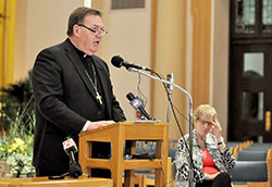 Archbishop Joseph W. Tobin speaks at a press conference on May 21 at SS. Peter and Paul Cathedral in Indianapolis. (Photo by Sean Gallagher)