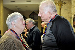 Elizabeth and Gregory Schmidt, members of Nativity of Our Lord Jesus Christ Parish in Indianapolis, look adoringly at each other during a service reaffirming their marital vows in Cana in the Holy Land on Feb. 12. Married and engaged couples, and even singles, will have an opportunity to grow in their relationships during the Passion and Purpose for Marriage event at St. Luke the Evangelist Parish in Indianapolis on Jan. 30, 2016. (File photo by Natalie Hoefer)