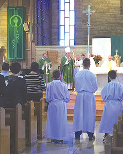 Archbishop Joseph W. Tobin offers words of welcome during a Mass for Miter Society members from the New Albany Deanery on Sept. 28 at Our Lady of Perpetual Help Church in New Albany. (Photo by Jolinda Moore)