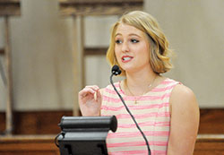 Deviney Benson, a 2012 graduate of Cardinal Ritter Jr./Sr. High School in Indianapolis, where she was a member of the A Promise to Keep chastity program, delivers a keynote address to the current A Promise to Keep mentors during a luncheon in their honor at the Archbishop Edward T. O’Meara Catholic Center in Indianapolis. Benson was so impacted by the program that she helped start it in the Diocese of Des Moines, Iowa, where she now lives. (Photo by Natalie Hoefer)