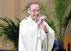 Archbishop Charles C. Thompson offers a homily during a Mass for the archdiocesan Office of Stewardship and Development’s Circle of Giving event on May 11 at SS. Peter and Paul Cathedral in Indianapolis. (Photos by Natalie Hoefer)